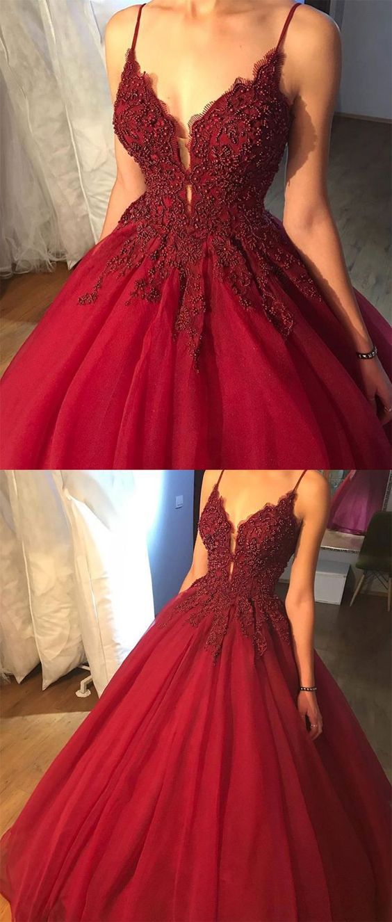 Spaghetti Straps Red Lace A-line Formal Elegant Long Custom Prom Dresses, Evening Dresses, Party Dresses M6460