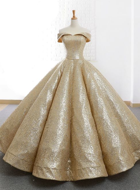 Gold Ball Gown Sequins Off The Shoulder Appliques Wedding Dress M6469