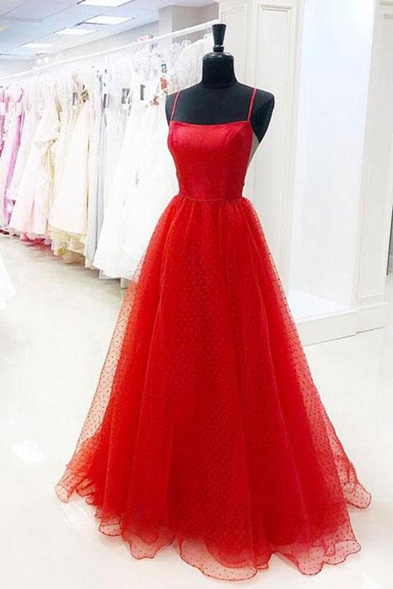 Simple Red Spot Tulle A Line Prom Dress, Red Evening Dress M6487
