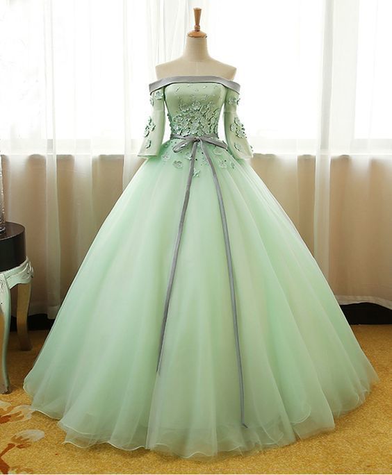 Mint Tulle Off Shoulder Mid Sleeves Long Evening Dress With Silver Gray Sash M6490