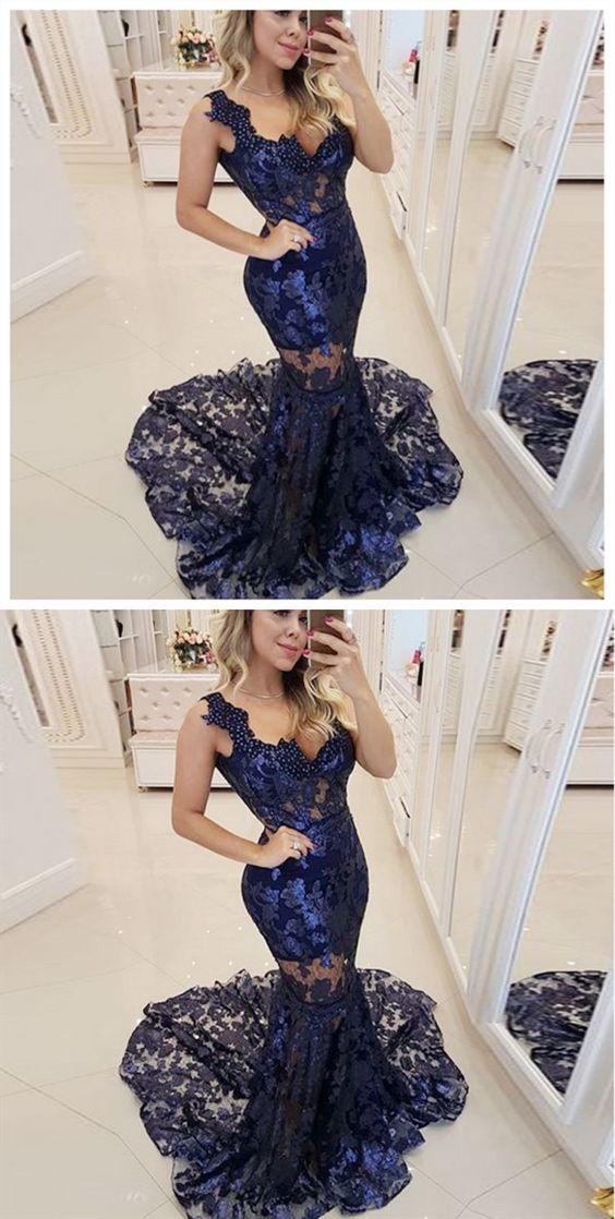 Mermaid V-neck Sleeveless Dark Blue Lace Long Prom Dress With Pearls M6520