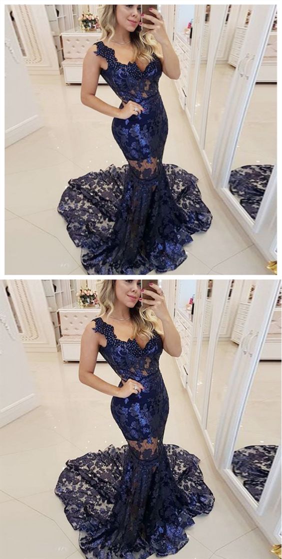 Mermaid Crew Navy Blue Lace Sleeveless Prom Dress with Appliques LBQ0380 main image 1