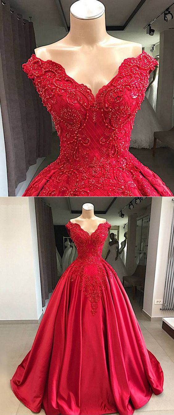 Red Lace Satin Ball Gown Prom Dresses Long With Beading M6534