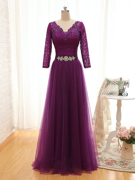 Long Purple Long Sleeves Lace Bridesmaid Dress M6554 on Luulla