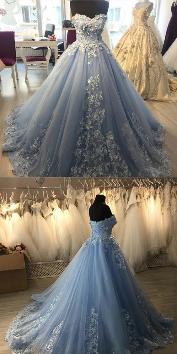 Elegant Lace Appliques Light Blue Tulle Ball Gowns Quinceanera Dresses M6566