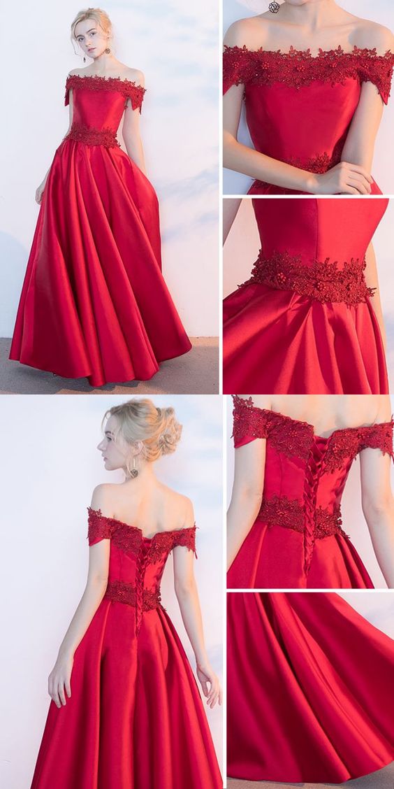 Chic Red A-line Off-the-shoulder Floor Length Satin Applique Long Prom Dress Evening Dress M6579