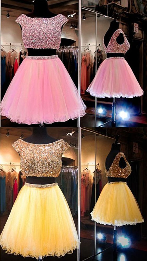 Pink Homecoming Dress,2 Piece Homecoming Dresses,beading Homecoming Gowns,short Prom Gown M6581