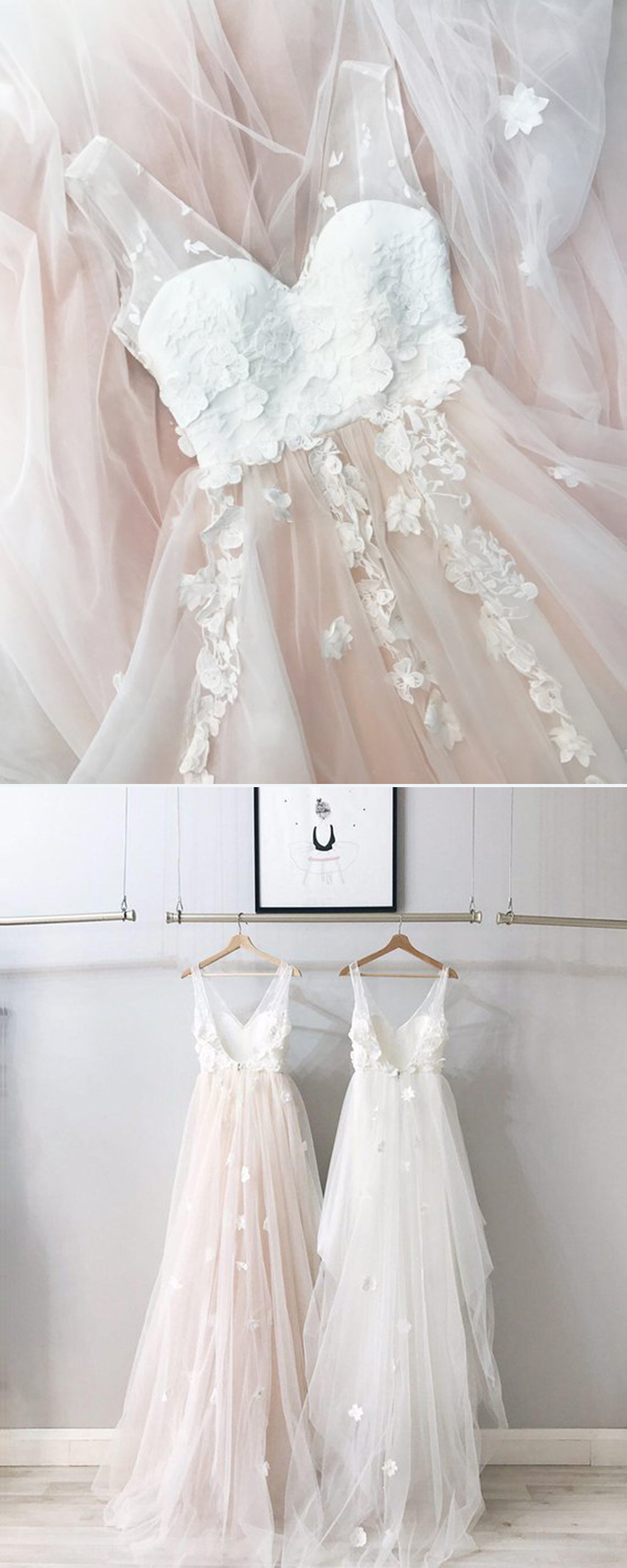 Blush Pink Tulle V Neck Long A Line Prom Dress, Evening Dress White Applique M6597
