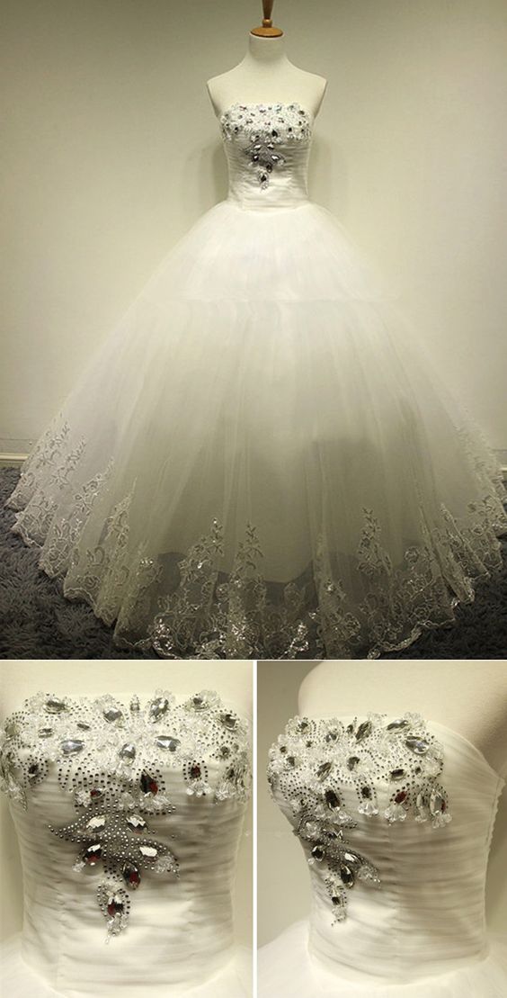 Modern Strapless Crystal Bride Dress, Ball Gowns Wedding Dress, Bridal Dress With Appliques M6601