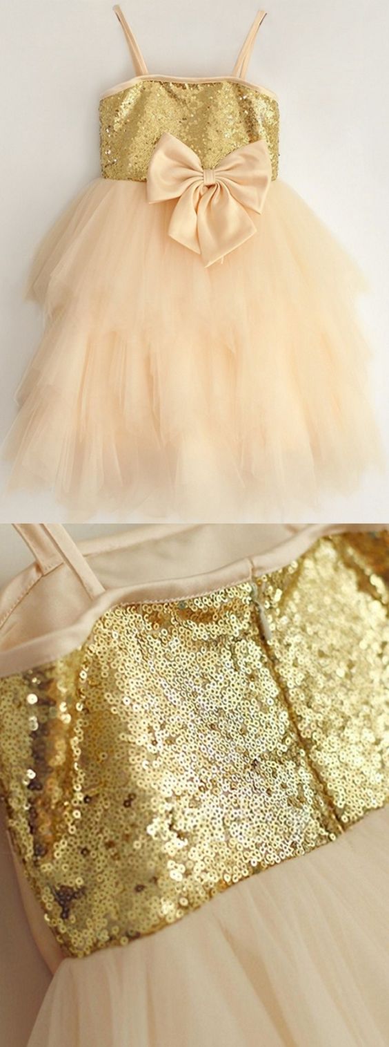 A-line Spaghetti Straps Champagne Flower Girl Dress With Bow M6608