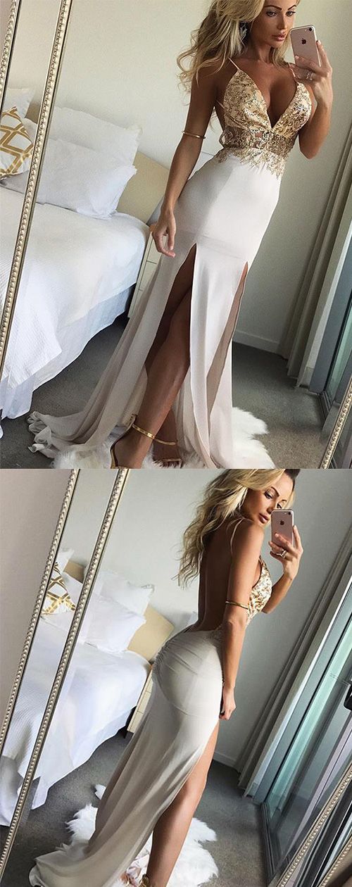 A-line Spaghetti Straps Sweep Train White Chiffon Prom Dress With Lace Sequins M6626