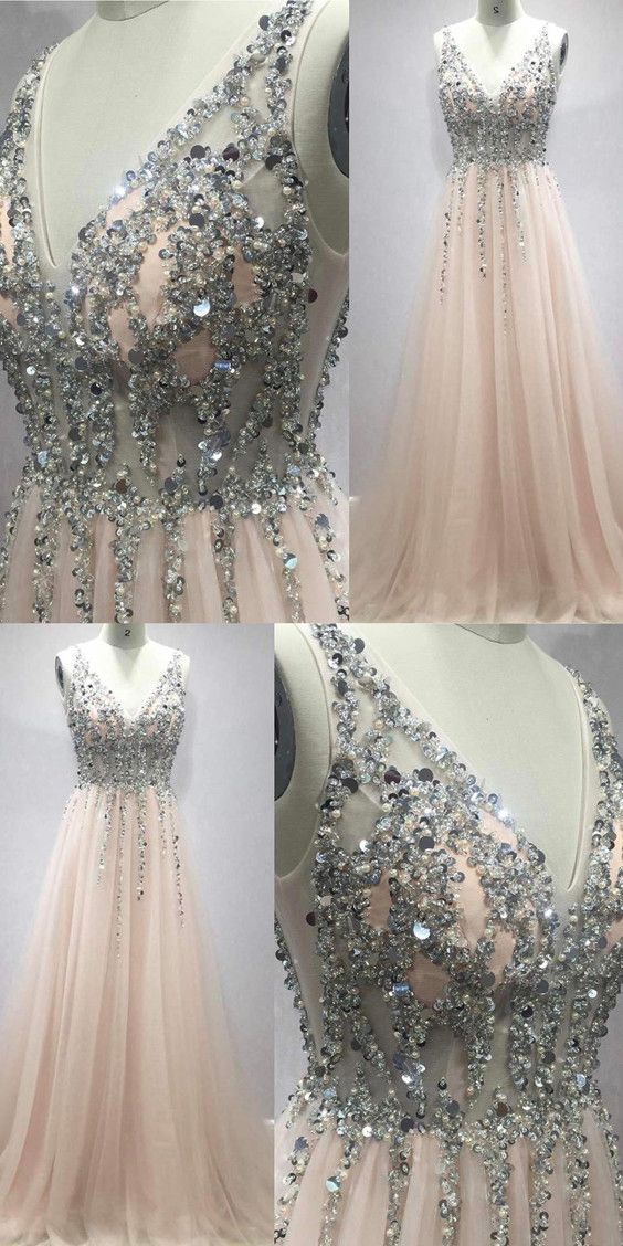 Deep V Neck Long Tulle Peach Prom Dresses With Sequins And Beads 2019 Leg Split Evening Gowns M6637