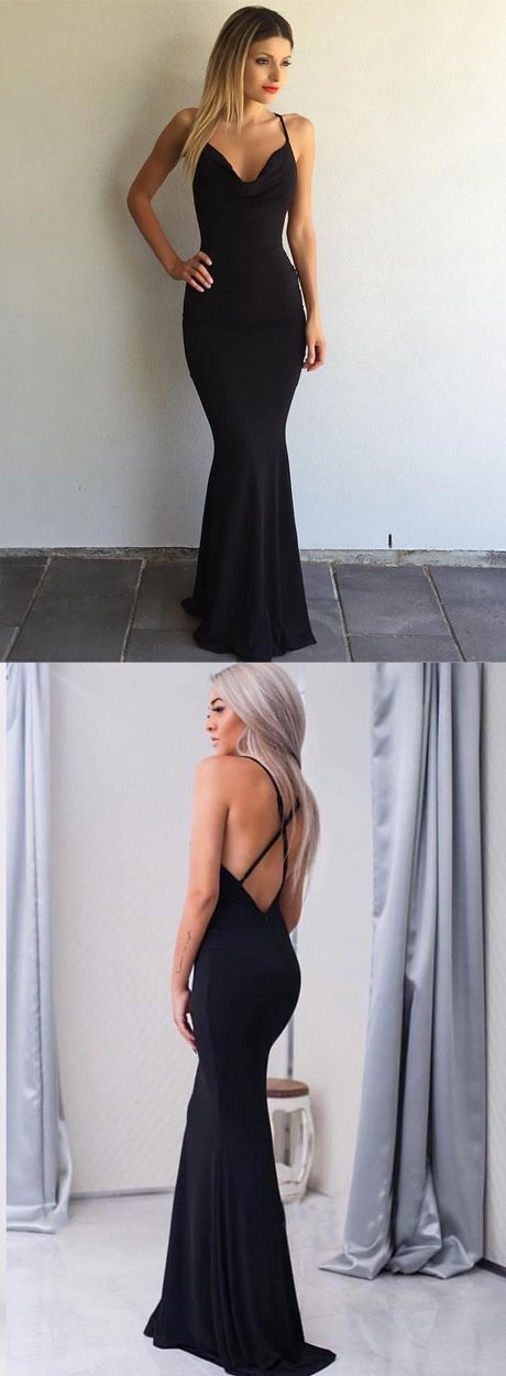 Mermaid Long Prom Dress, Spaghetti Straps Black Prom Dress, Simple Prom Dresses M6655