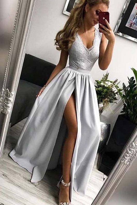 Elegant A Line V Neck Open Back Split Light Grey Lace Long Prom Dresses M6659