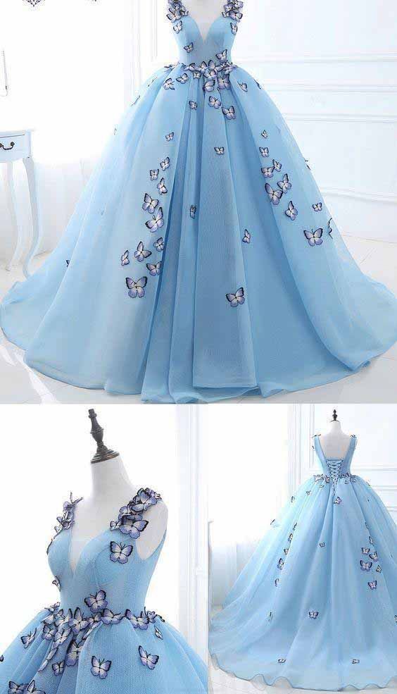 V Neck Straps Backless Light Blue Tulle Prom Dress M6667