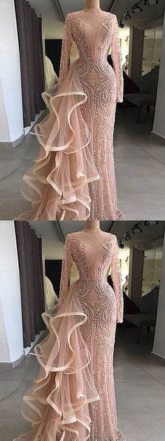 Chic Pink Prom Dress Sheath Long Sleeve Prom Dress M6685