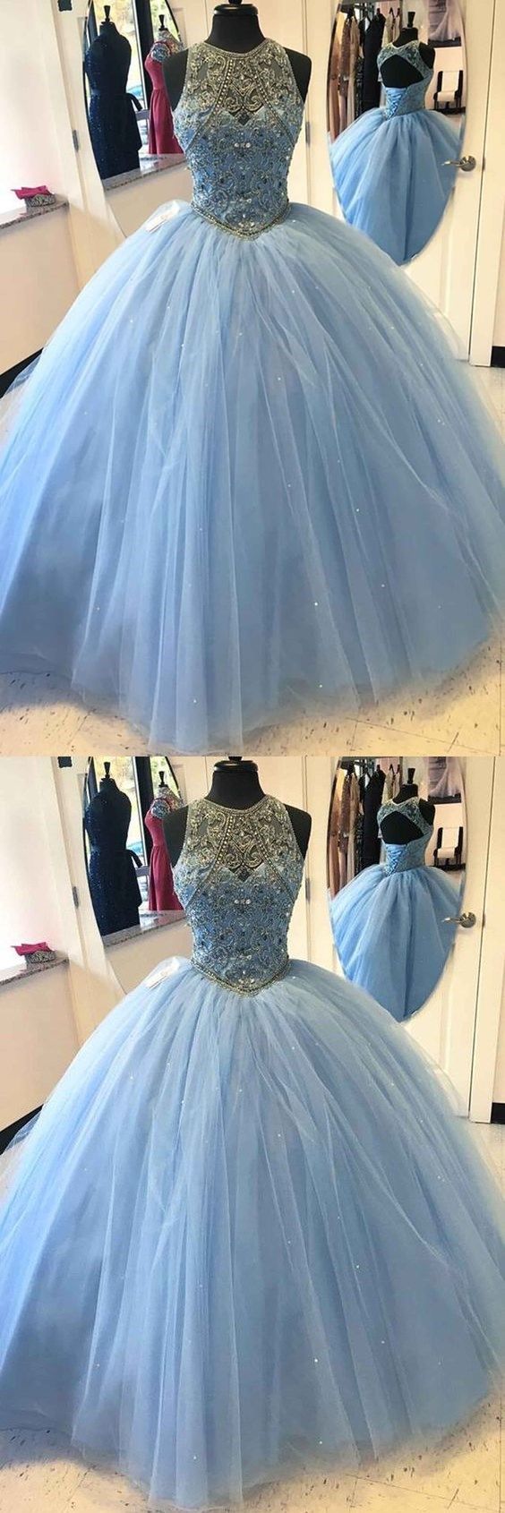 Elegant Light Blue Tulle Round Neck Beaded Sequins Sweet Dresses,open Back Ball Gown Prom Dresses M6695