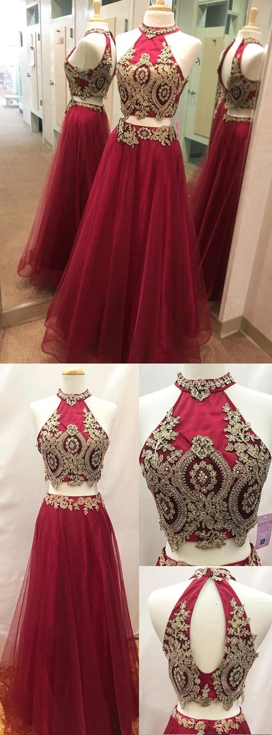 Two Piece Prom Dresses A Line High Neck Sexy Gold Applique Long ...