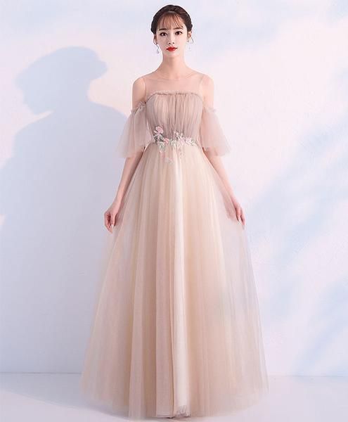 Champagne Round Neck Tulle Long Prom Dress, Champagne Tulle Evening Dress M6714
