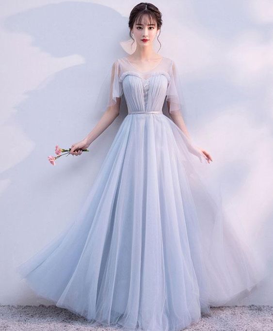 Gray V Neck Tulle Long Prom Dress, Gray Tulle Evening Dress M6715