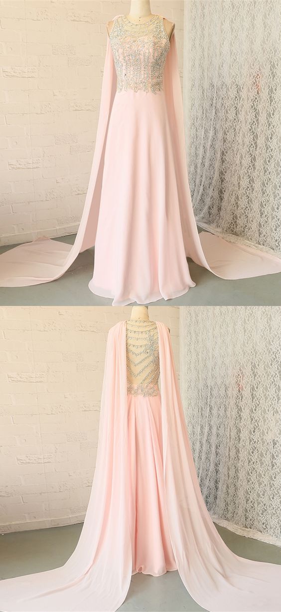 A-line Crew Illusion Back Watteau Train Pink Chiffon Prom Dress With Beading M6731