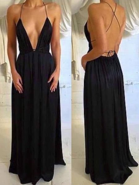 Long Black Spaghetti Straps Simple Deep V-neck Open Back Sexy Party Prom Dress M6749