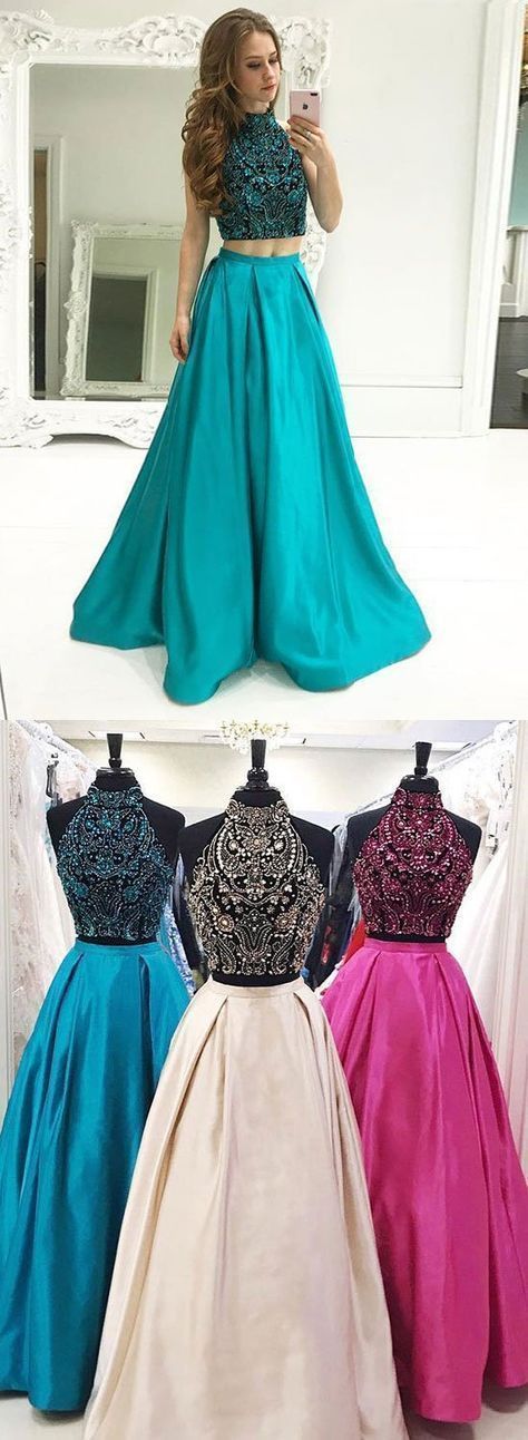 Two Piece High Neck Floor-length Turquoise Satin Prom Dress M6750