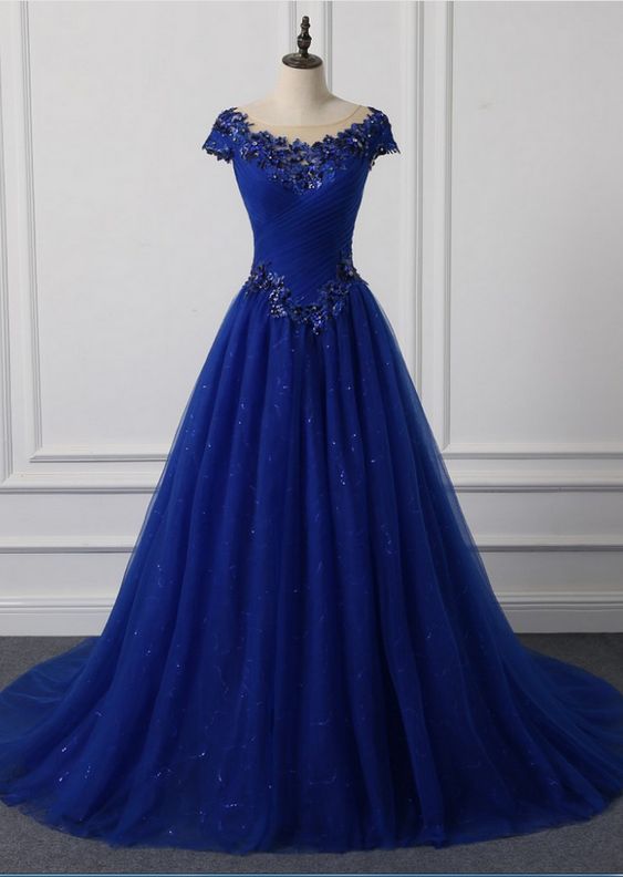 Long Neck Appliqued O Outdoor Wedding Dress Royal Blue Foil Veils Wedding Party Dresses M6757