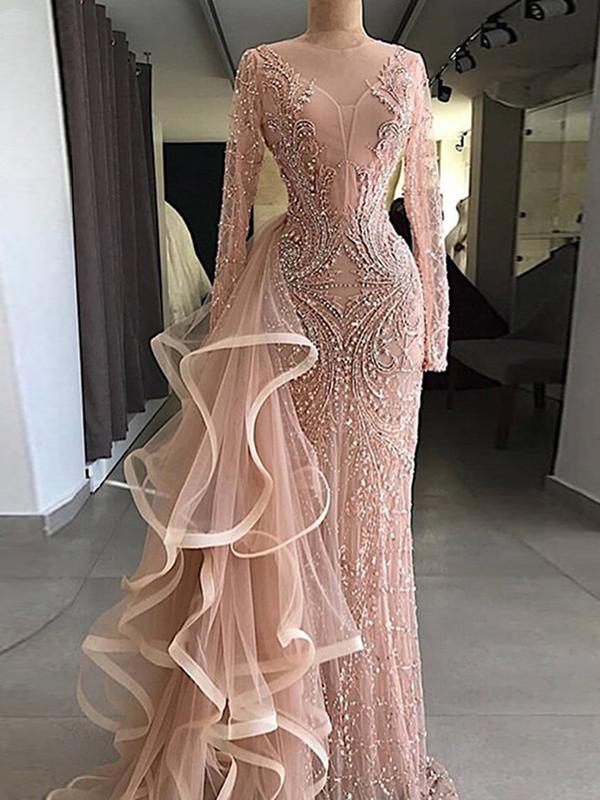 Chic Pink Prom Dress Sheath Long Sleeve Prom Dress M6790
