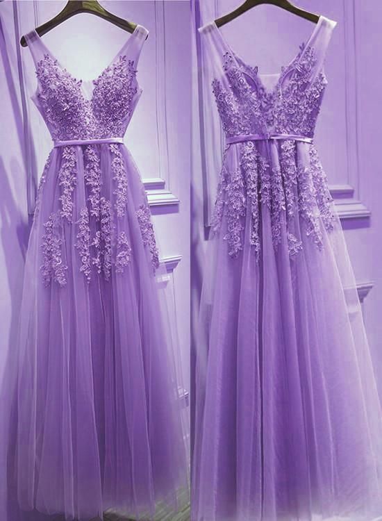 Beautiful Light Purple Tulle V-neckline Party Dress 2019, Tulle Formal Gowns M6845
