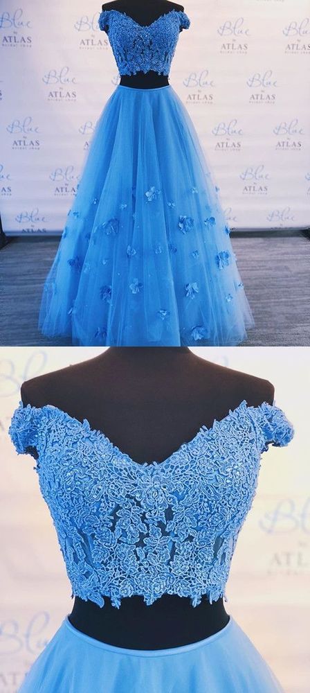 2 Piece Blue Of Shoulder Lace Tulle Prom Dress , V Neck Prom Gown M6850