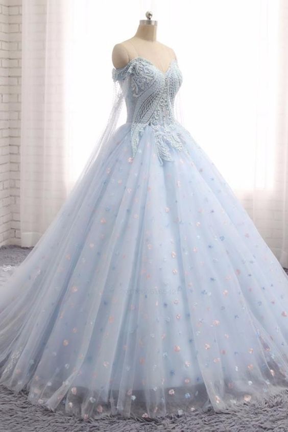 Comfortable Appliques Sweetheart Baby Blue Tulle Long Lace Appliques Wedding Dress, Train Prom Dress M6852