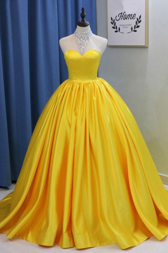Yellow Ball Gown High Neck Prom Dress With Beading, Long Halter Quinceanera Dress M6853