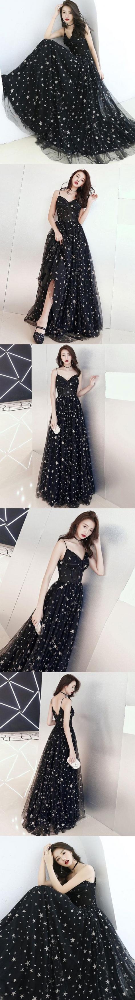Chic Prom Dresses A-line Floor-length Star Lace Beautiful Long Black Prom Dress M6901