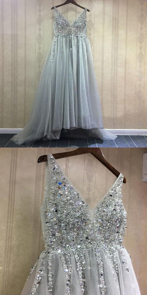 Modern A-line V-neck Silver Beading Long Prom Dresses.see Through Spaghetti Straps Prom Dresses M6902