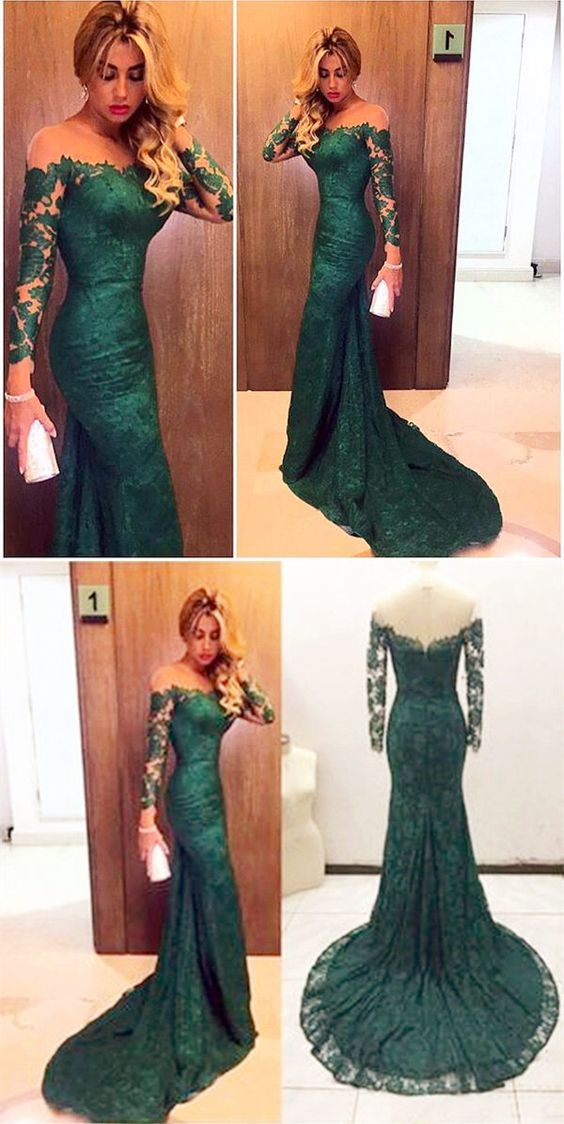 Sheer Neckline Long Sleeves Lace Prom Dresses Mermaid Evening Gowns M7020