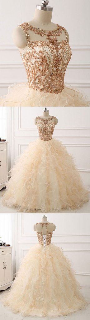 Champagne Round Neck Tulle Long Prom Gown ,champagne Evening Dress M7028