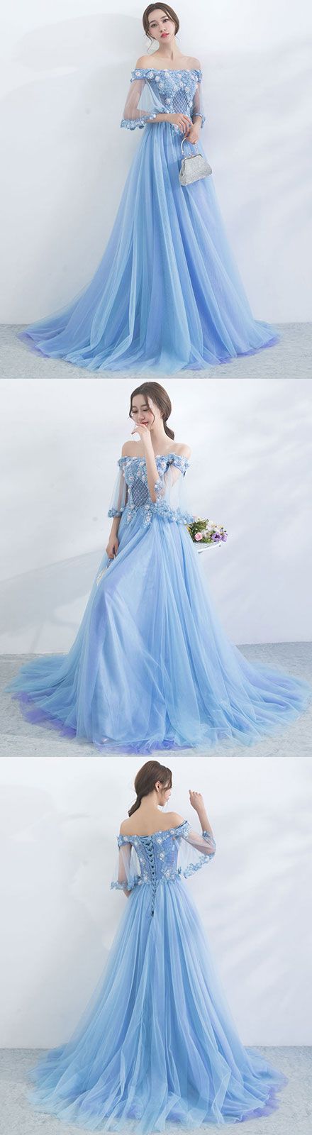 Unique Blue Tulle Off Shoulder Long Prom Dress, Blue Evening Dress M7032