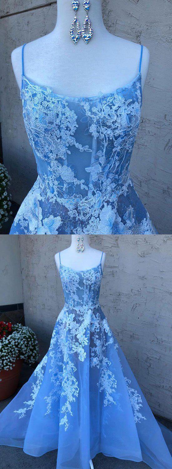 Blue A Line Tulle Lace Long Prom Dress, Blue Evening Dress M7038