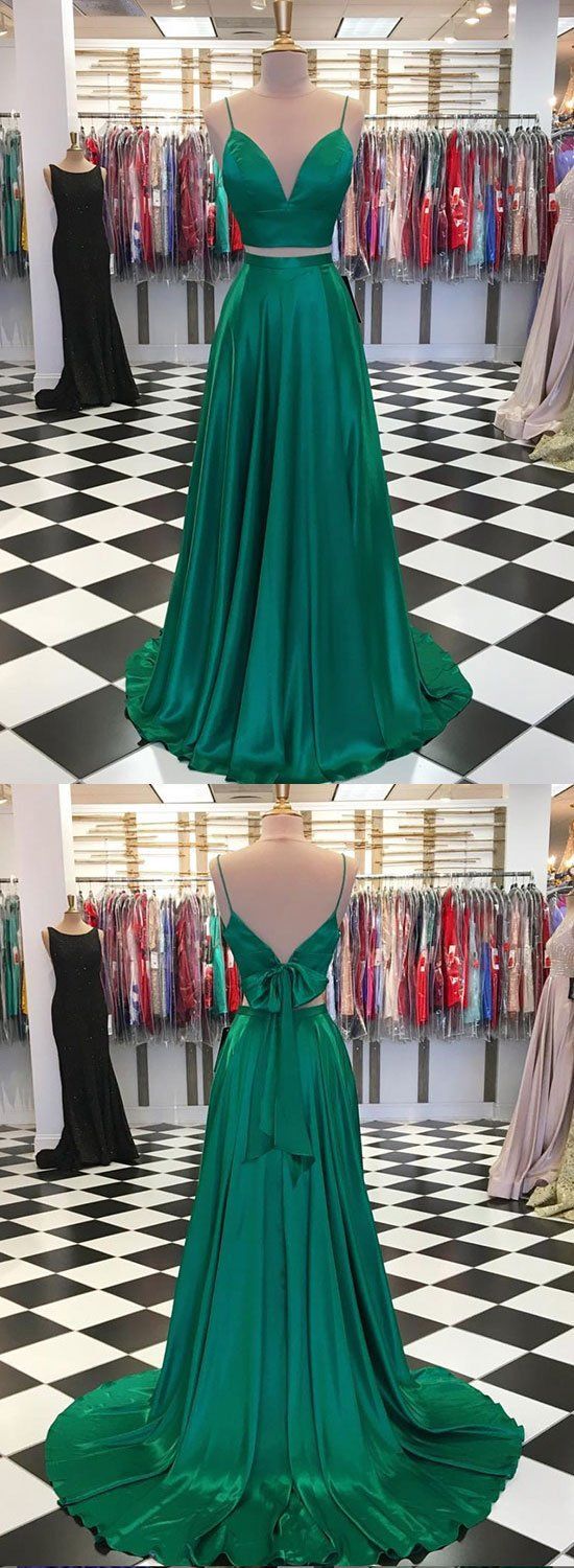 Green V Neck Satin Long Prom Dress, Two Pieces Evening Dress M7054