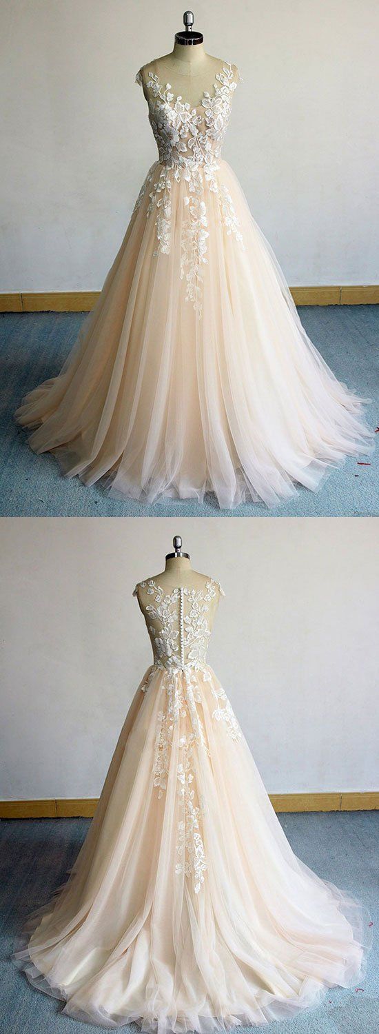 Champagne Round Neck Tulle Lace Long Prom Dress, Evening Dress M7059
