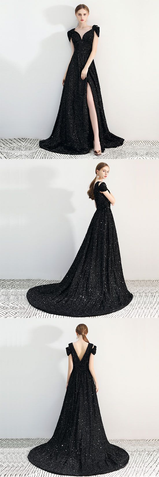 Black Sequins Long Prom Dress, Black Evening Dress M7076