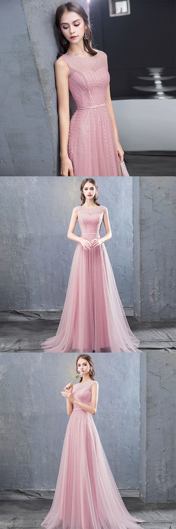 Stylish Round Neck Tulle Beaded Long Prom Dress, Evening Dress M7137