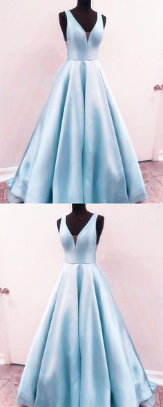 Light Blue Satin V-neck Floor Length Evening Dresses 2019 Long Prom Gowns M7163