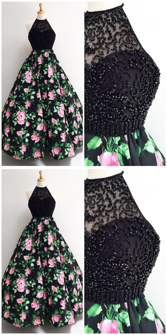 Gorgeous Halter Black Long Floral Prom Dress,prom Dresses,evening Dress, Prom Gowns, Formal Women Dress M7184