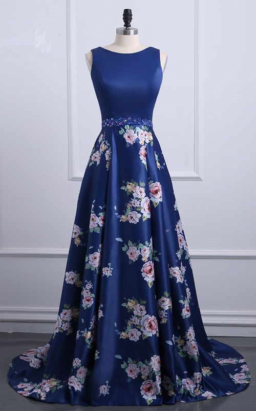 Navy Floral Print Sleeveless Satin Floor Length A Line Long Prom Dress M7185