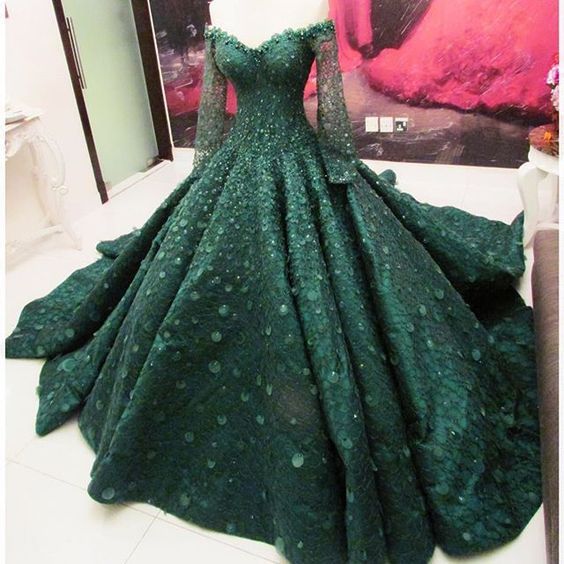 Green Prom Dress,green Evening Dress, Lace Prom Dress,ball Gowns Prom Dress,off The Shoulder Long Sleeves Lace Prom Dress M7244