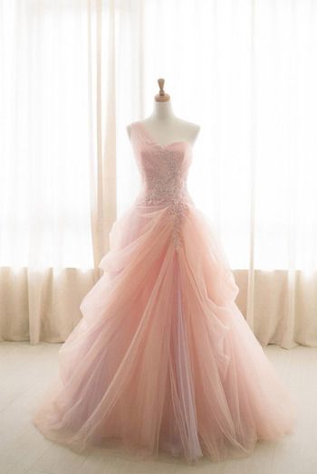 Pink Ball Gown One Shoulder Tulle Appliques Wedding Dress M7279