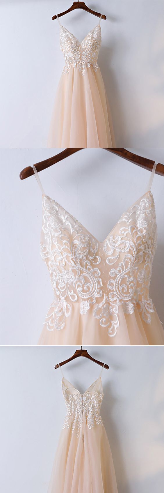 Champagne Lace Long Prom Dress With Spaghetti Straps M7286