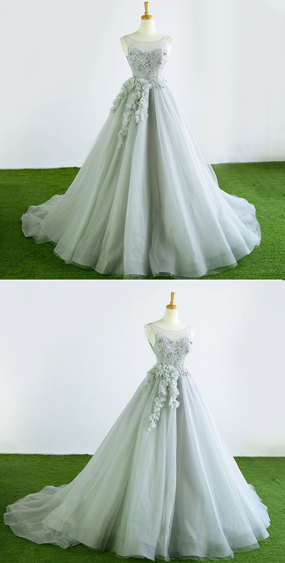 Gray Tulle Court Train Winter Formal Prom Dress, Halter 3d Flower Evening Dress M7336